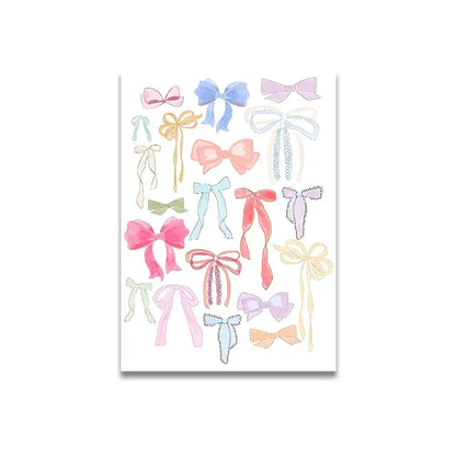 DecorBites™ vintage pink cartoon print wall art canvas featuring delicate bows in soft pastel pink, blue, and peach hues