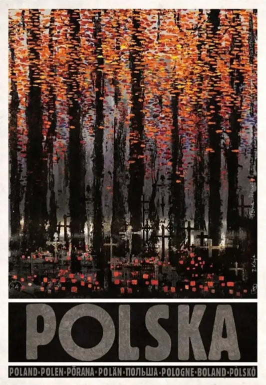 A vintage poland city canvas poster featuring a forest scene with dark trunks and orange autumn leaves wall art print