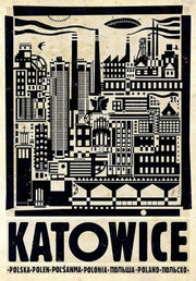 Black and white stylized vintage poland city canvas print featuring katowice bold lettering for home decor by decorbites