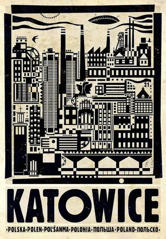 Black and white stylized vintage poland city canvas print featuring katowice bold lettering for home decor by decorbites