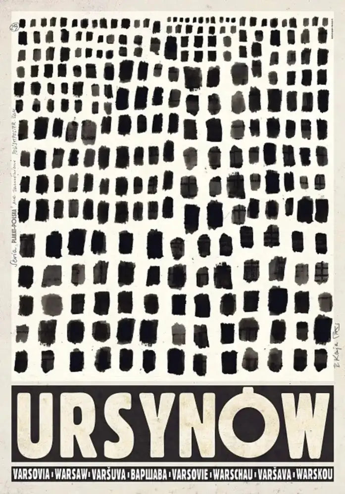 Black and white abstract poster with brushstroke grid and bold typography for vintage poland city home decor by DecorBites™