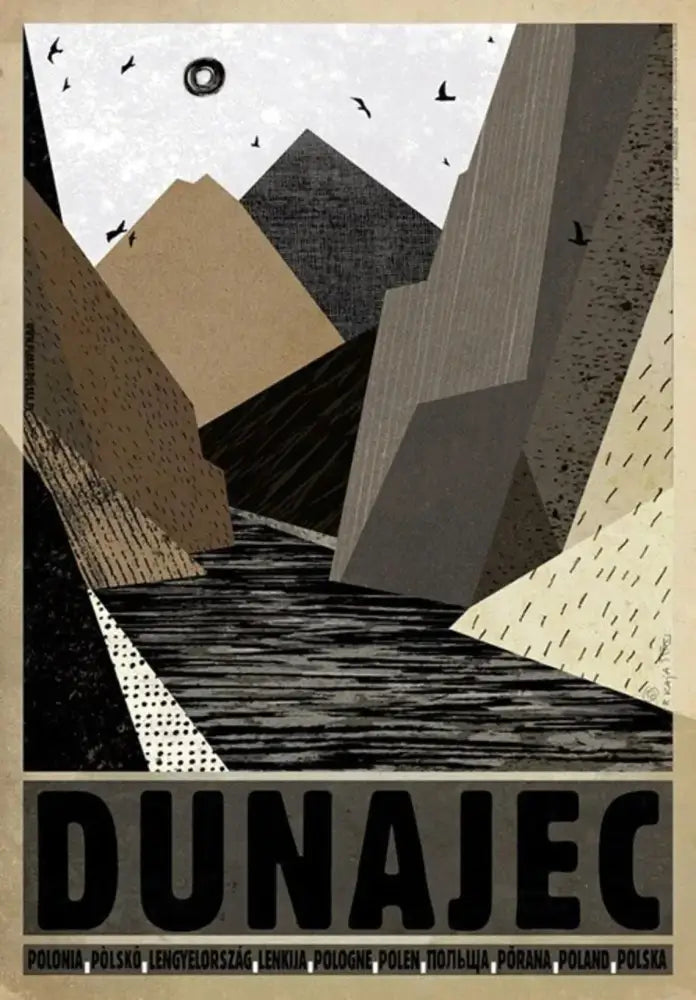Abstract geometric mountain landscape vintage poland city poster canvas print with bold dunajec text and stylized sun by decorbites
