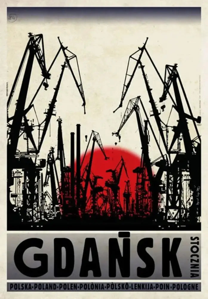 Decorbites™ vintage poland city posters canvas print featuring black silhouette of industrial cranes against red sun