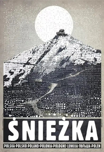 Black-and-white halftone vintage poland city posters canvas print featuring snow-capped śnieżka mountain with full moon