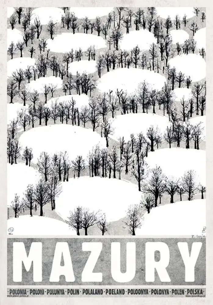 Black-and-white vintage Poland city posters canvas print featuring stylized snow-covered hills and bare trees mazury design