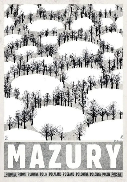 Black-and-white vintage Poland city posters canvas print featuring stylized snow-covered hills and bare trees mazury design