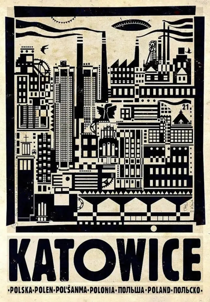 Black and white stylized katowice city posters canvas print from decorbites vintage poland city collection