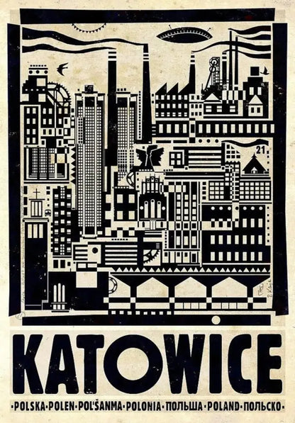 Black and white stylized katowice city posters canvas print from decorbites vintage poland city collection
