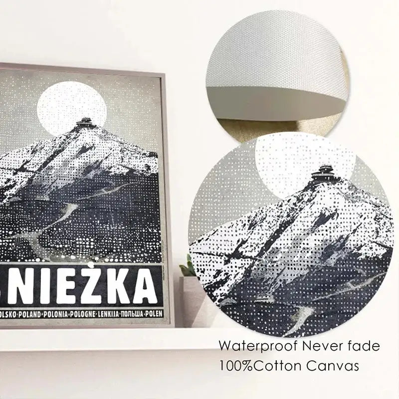 DecorBites™ vintage Poland city posters canvas featuring black and white dotted snowy mountain with full moon in gray wood frame