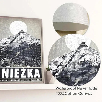 DecorBites™ vintage Poland city posters canvas featuring black and white dotted snowy mountain with full moon in gray wood frame