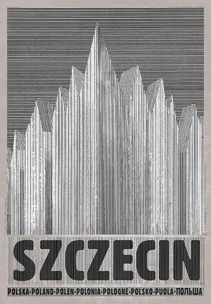 Black and white striped vintage poland city poster canvas print featuring the word szczecin in bold letters