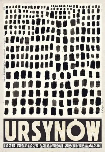 Black and white abstract decorbites™ vintage poland city posters canvas print featuring grid brushstroke squares and bold typography