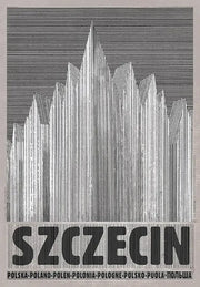Black and white striped graphic poster with bold szczecin text from DecorBites™ Vintage Poland city posters canvas prints