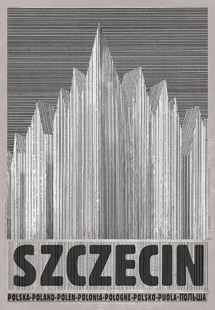 Black and white striped graphic poster with bold szczecin text from DecorBites™ Vintage Poland city posters canvas prints