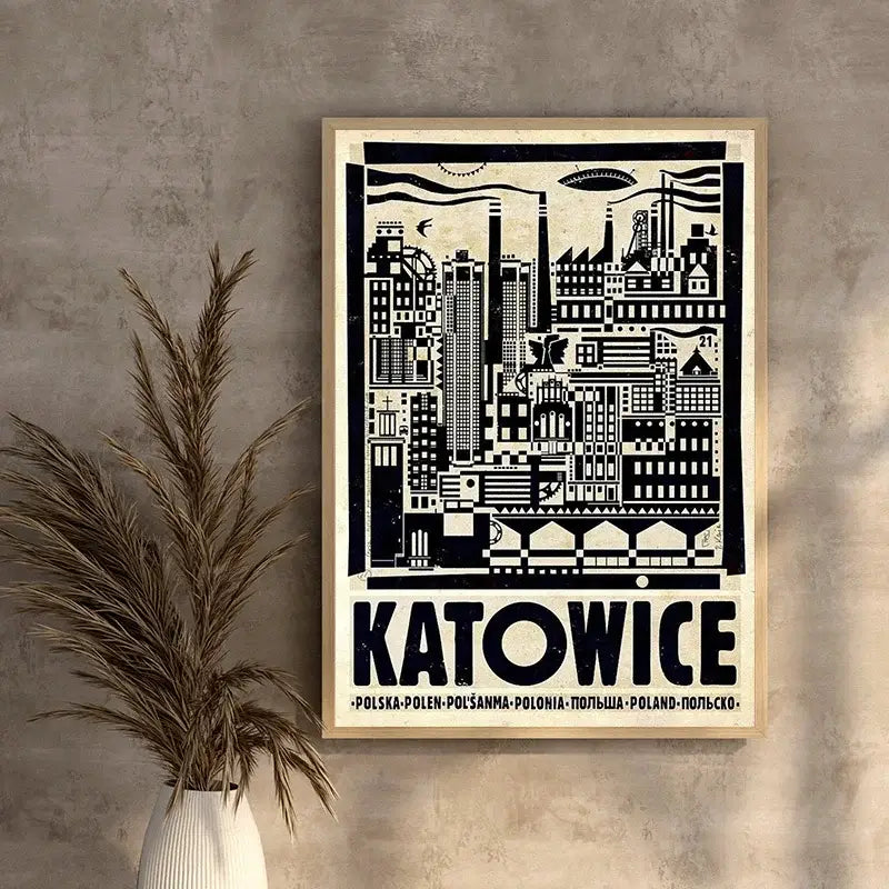 A framed black and white illustrated vintage Poland city poster of Katowice on canvas print by DecorBites™
