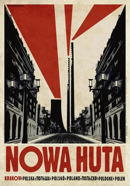 Red and black stylized vintage poland city posters canvas print featuring nowa huta in kraków from decorbites