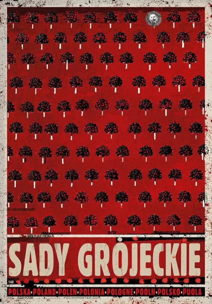 Red vintage poland city posters canvas print featuring stylized black trees with white trunks and cream sady grojeckie text