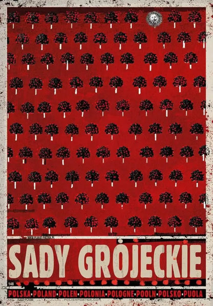 Red vintage poland city posters canvas print featuring stylized black trees with white trunks and cream sady grojeckie text