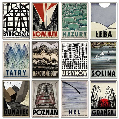 Set of nine vintage Poland city posters canvas prints featuring bold typography and stylized illustrations in multiple tones