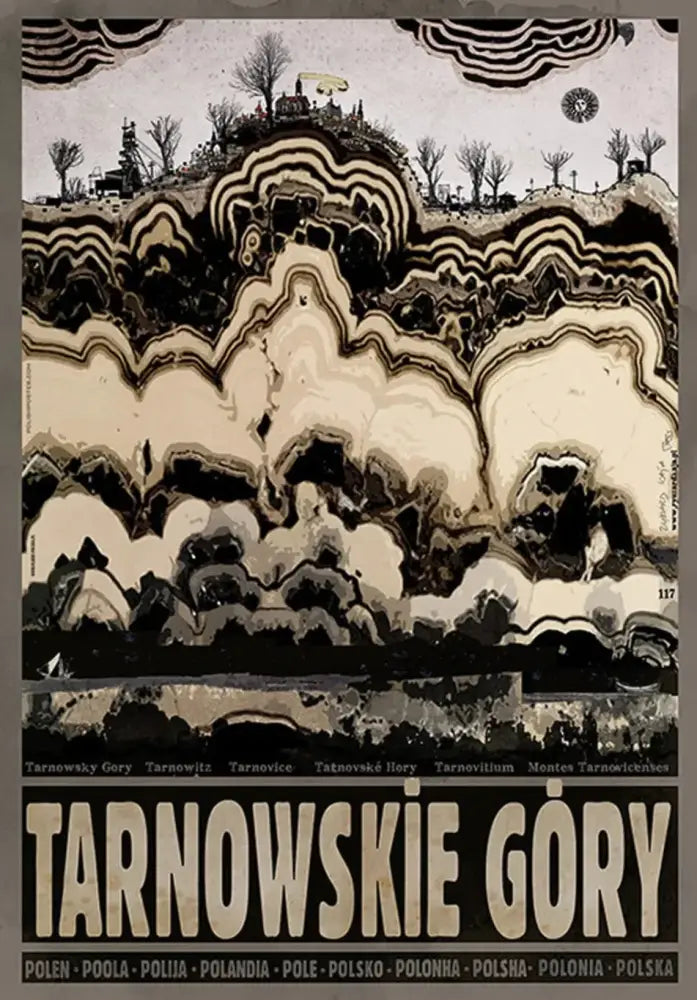 Decorbites™ vintage poland city posters canvas print featuring black and cream wave patterns with stylized trees and buildings