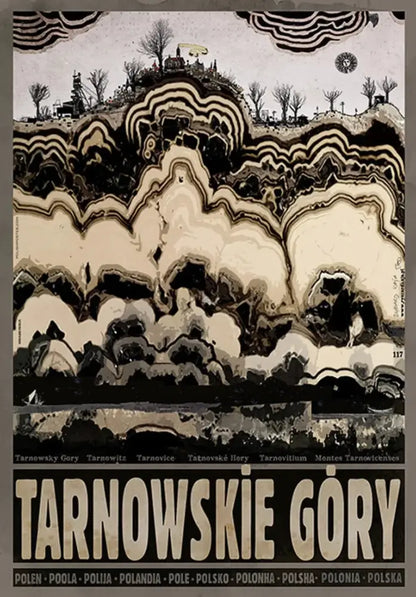 Decorbites™ vintage poland city posters canvas print featuring black and cream wave patterns with stylized trees and buildings