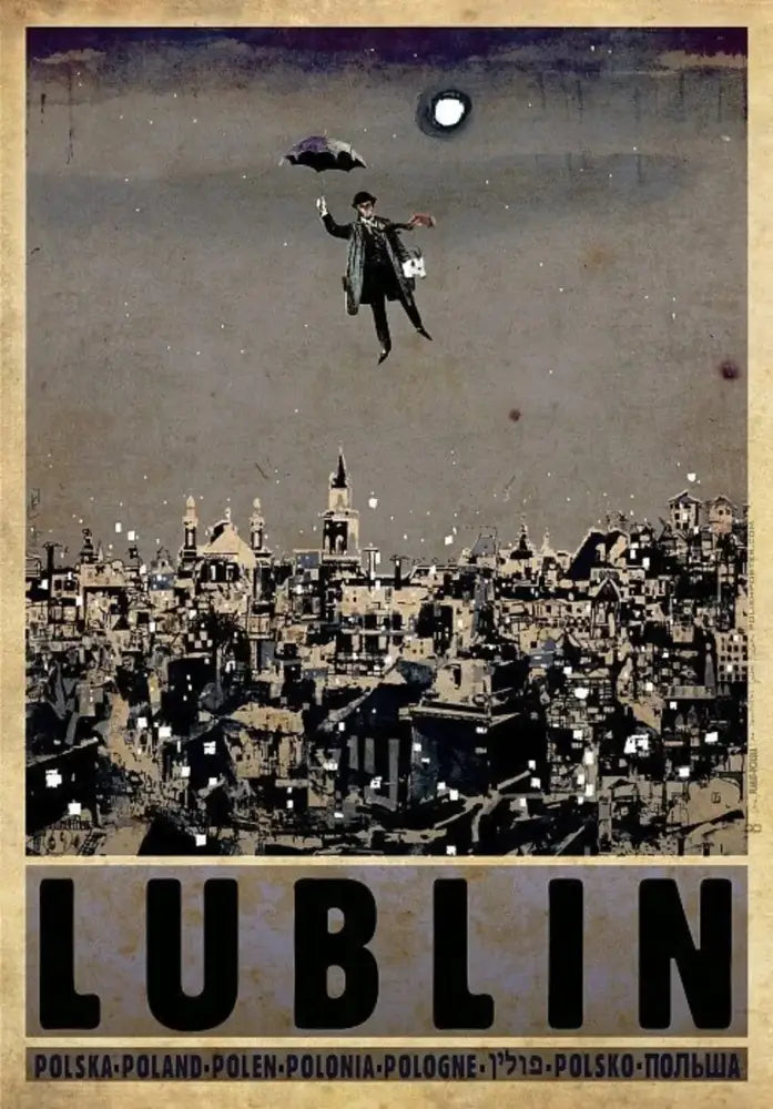 Decorbites™ vintage poland city posters canvas print featuring a man in dark attire floating above lublin cityscape