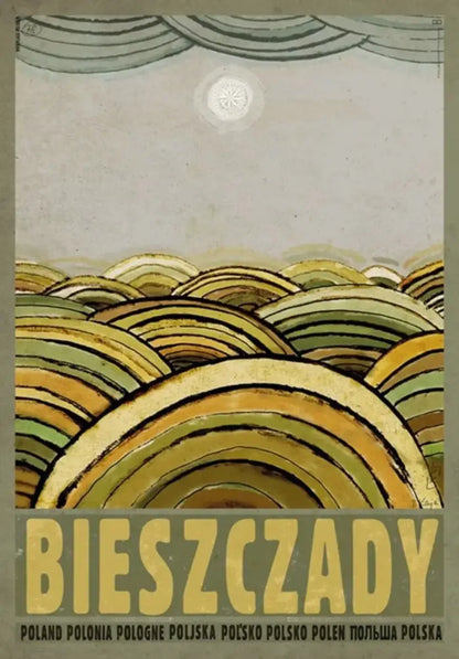 Vintage style bieszczady poster with rolling hills in greens and yellows on canvas print in decorbites vintage poland city posters