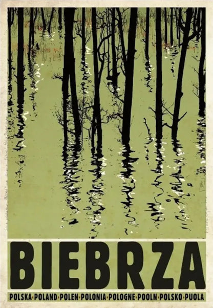 Decorbites™ vintage poland city posters canvas print with bold black lettering and stylized tree silhouettes on olive green
