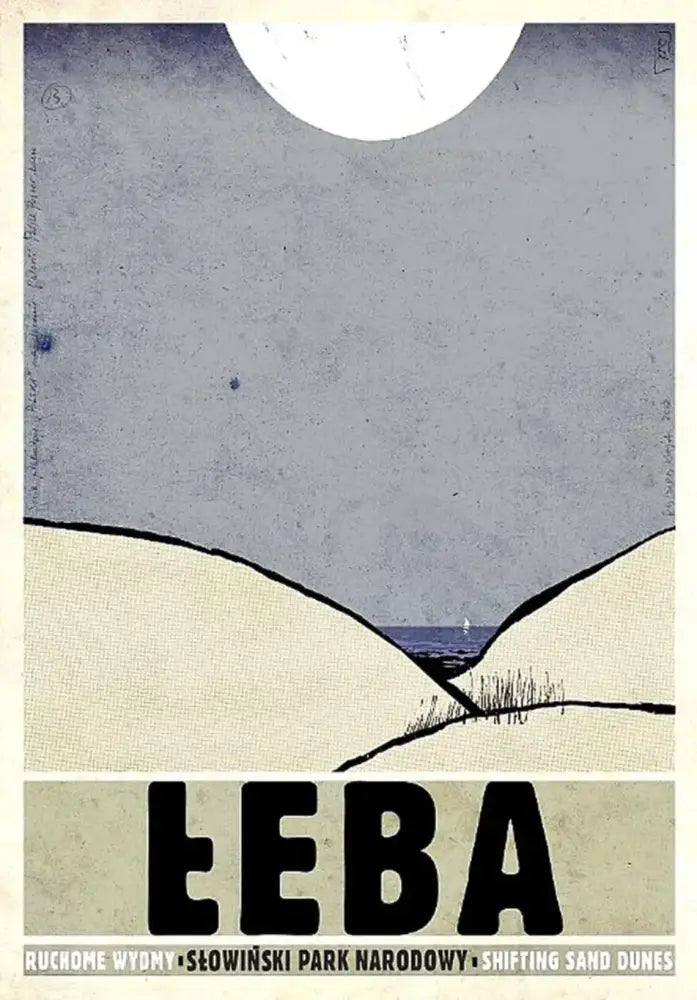 Vintage poland city posters canvas print featuring minimalist sand dunes and moon illustration titled łeba by decorbites