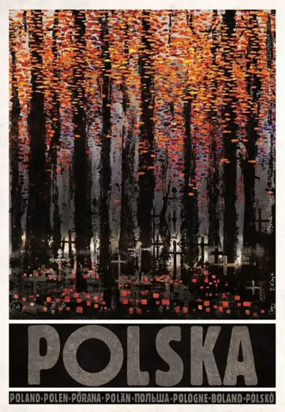 A vintage style travel poster canvas print from decorbites featuring a forest with dark trunks and autumn leaves in poland city posters