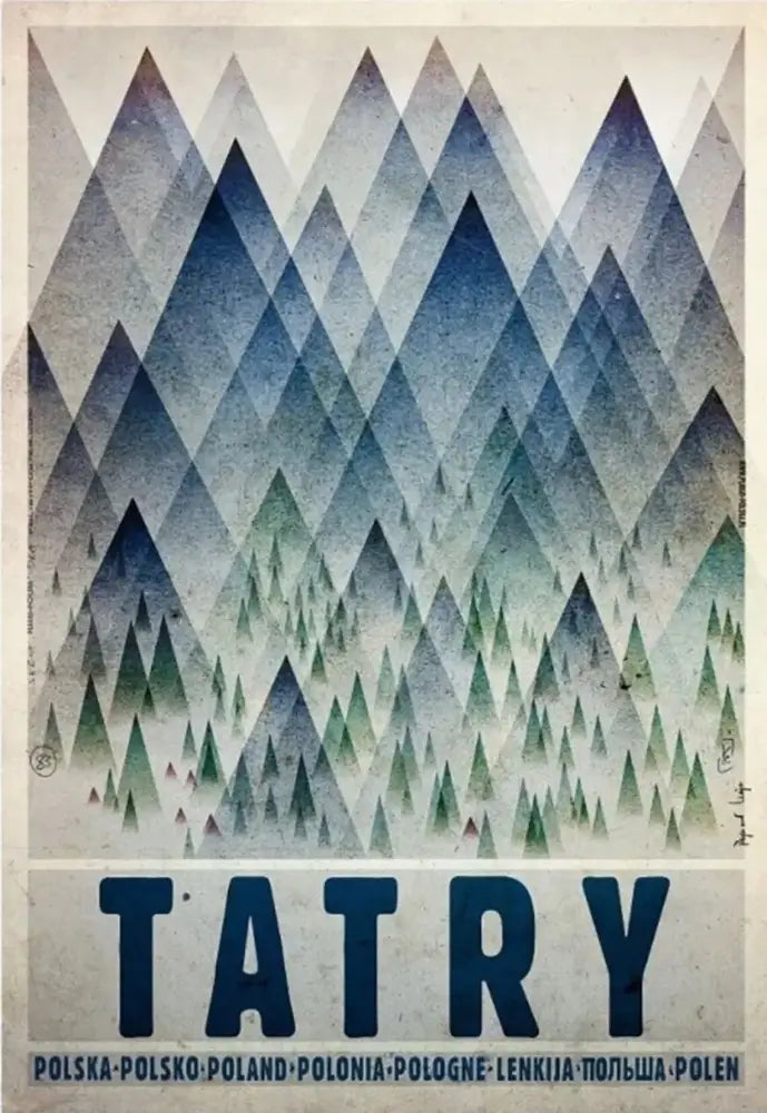 Vintage poland city posters canvas print featuring stylized blue and green mountain peaks with tatry text