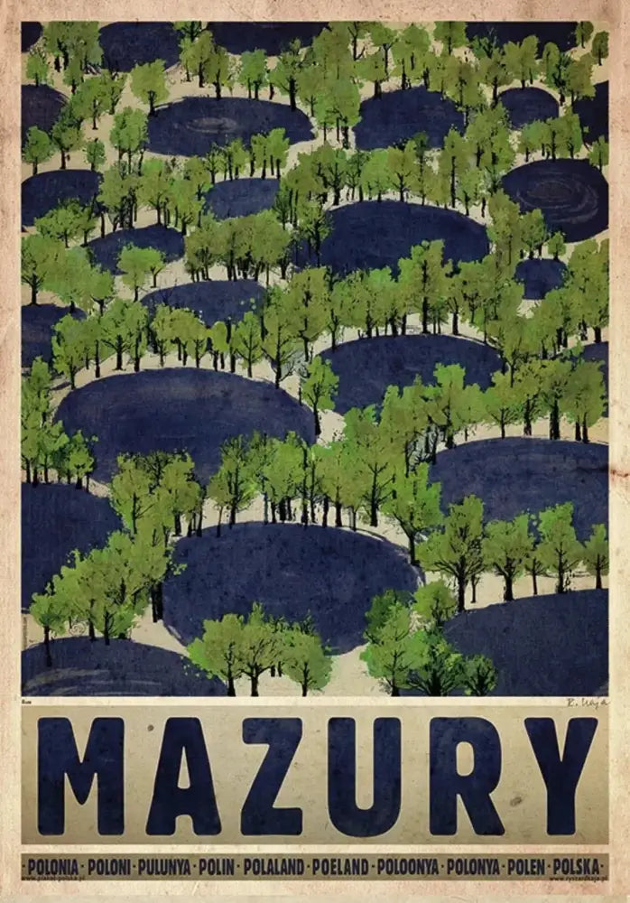 Decorbites™ vintage poland city posters canvas print with stylized green trees, dark blue hills, and mazury lettering