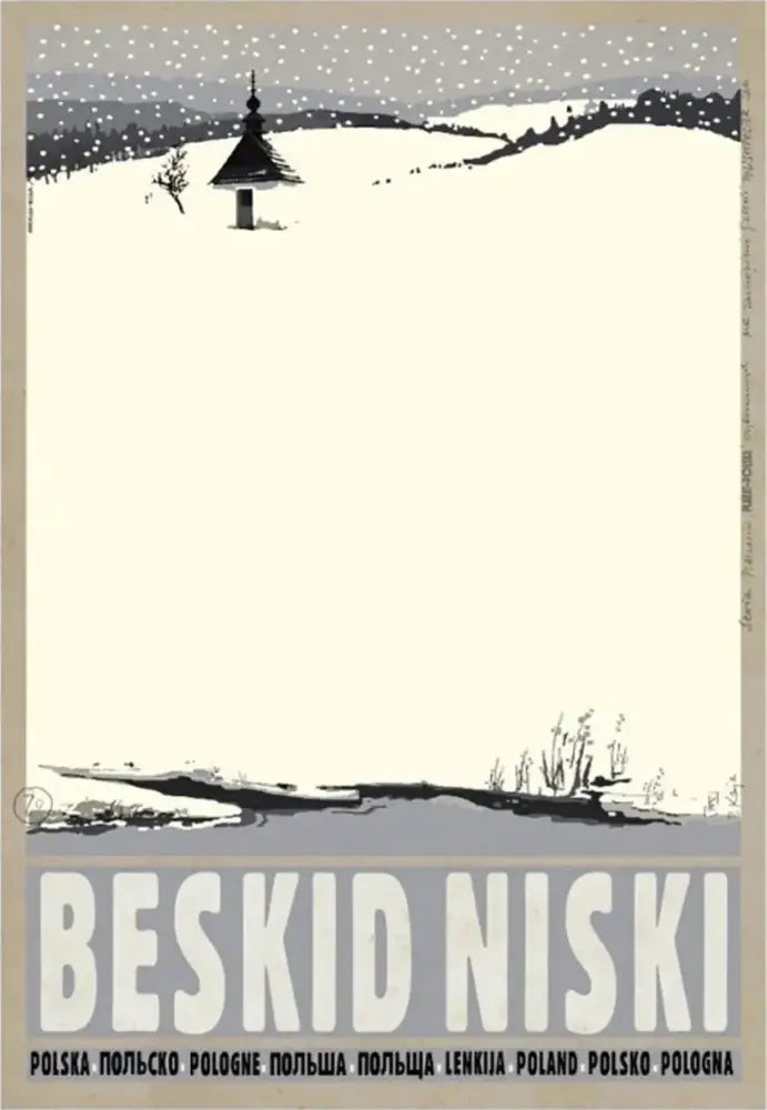 DecorBites™ vintage poland city posters canvas print featuring minimalist black and white beskid niski landscape