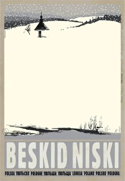 DecorBites™ vintage poland city posters canvas print featuring minimalist black and white beskid niski landscape