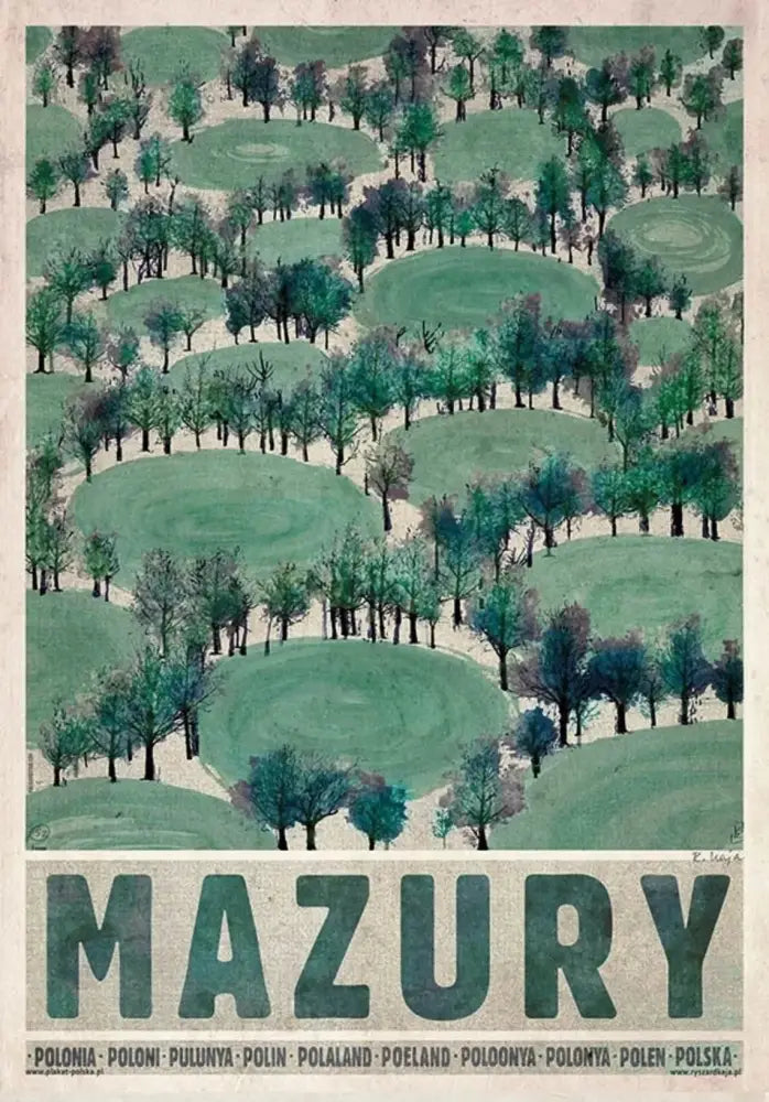 Vintage poland city posters canvas print featuring stylized green and blue forest landscape with mazury text
