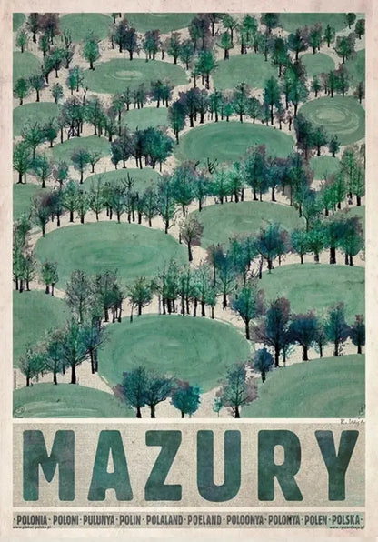 Vintage poland city posters canvas print featuring stylized green and blue forest landscape with mazury text