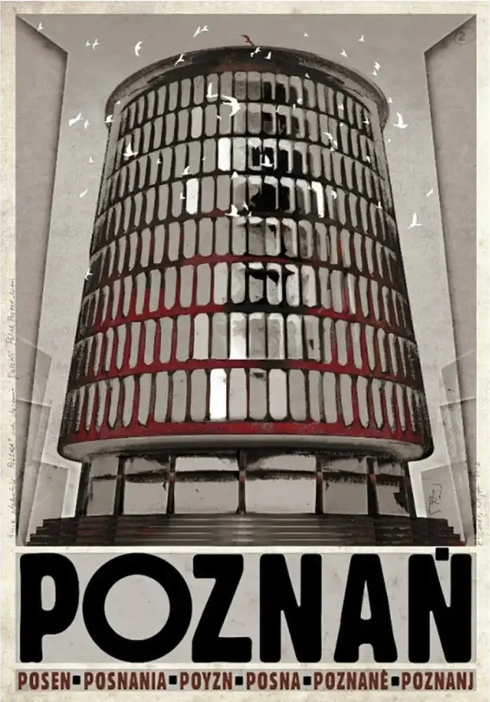 Decorbites™ vintage poland city posters canvas prints featuring a stylized cylindrical building with red bands