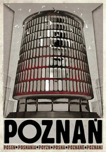 Decorbites™ vintage poland city posters canvas prints featuring a stylized cylindrical building with red bands