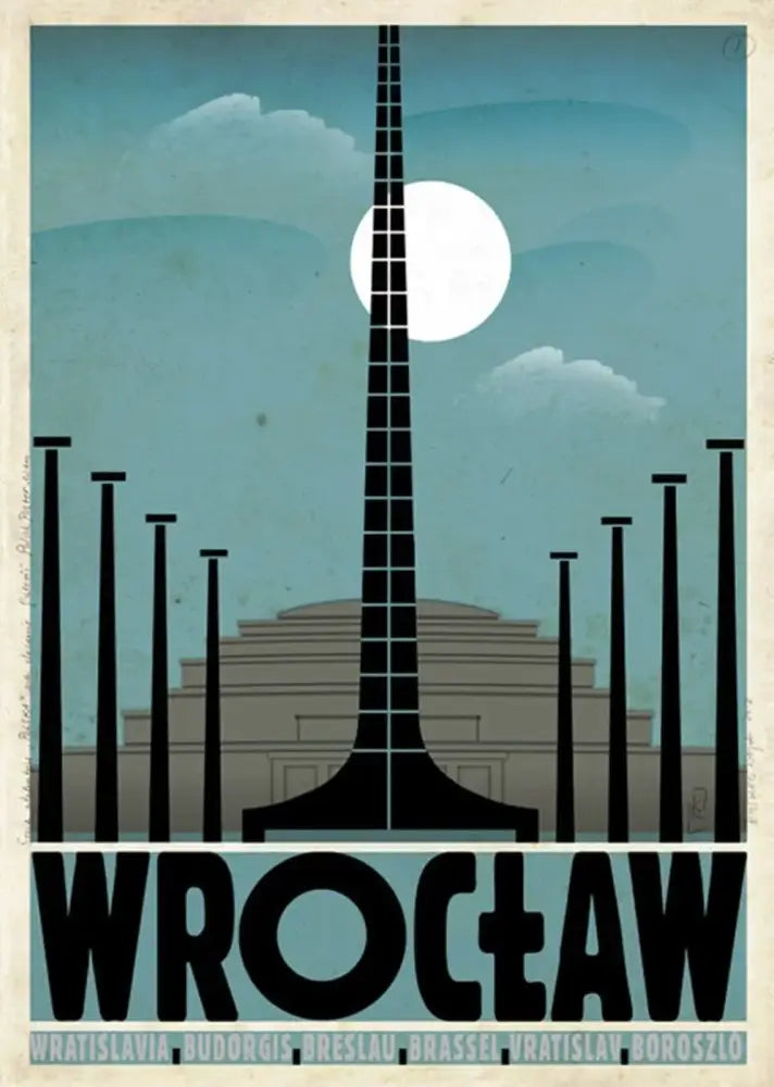 Stylized black and gray vintage poland city posters canvas print featuring wrocław tower and buildings against teal sky