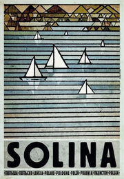 Stylized decorbites™ vintage poland city posters canvas prints featuring geometric mountains and sailboats in muted blues and browns