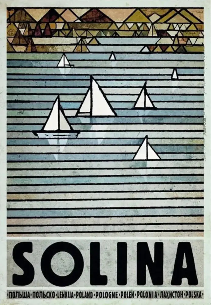 Stylized decorbites™ vintage poland city posters canvas prints featuring geometric mountains and sailboats in muted blues and browns