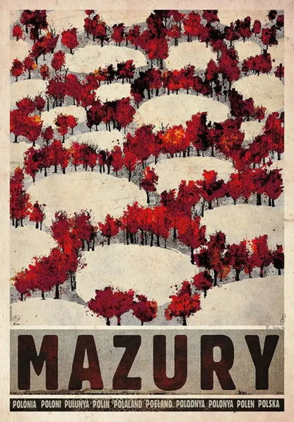Stylized vintage poland city posters canvas print featuring bold red autumn trees and snowy hills with mazury text