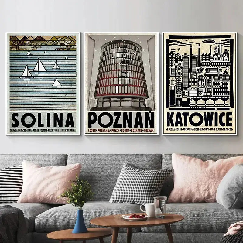 Three framed vintage poland city posters canvas prints featuring solina poznan and katowice with bold retro typography