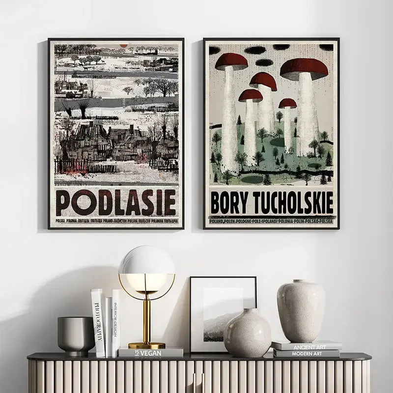 Two framed vintage poland city posters canvas prints featuring podlasie rural scene and bory tucholskie mushrooms