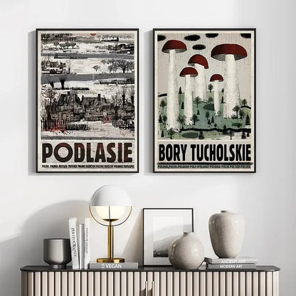 Two framed vintage poland city posters canvas prints featuring podlasie rural scene and bory tucholskie mushrooms