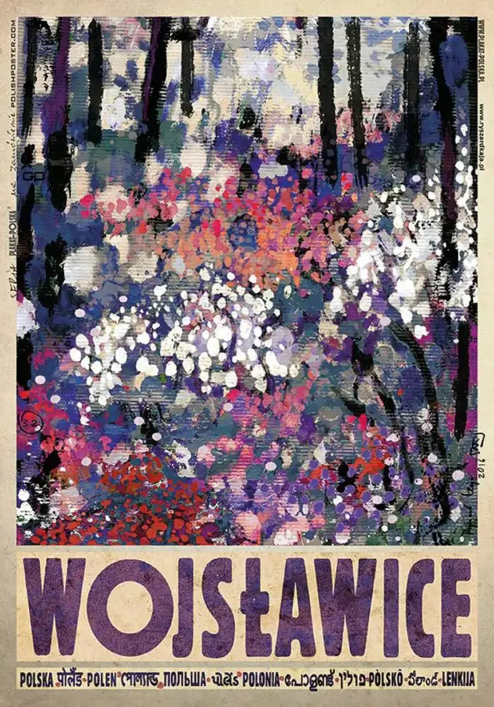 Vibrant abstract floral vintage poland city posters canvas print with bold purple pink blossoms and dark tree silhouettes