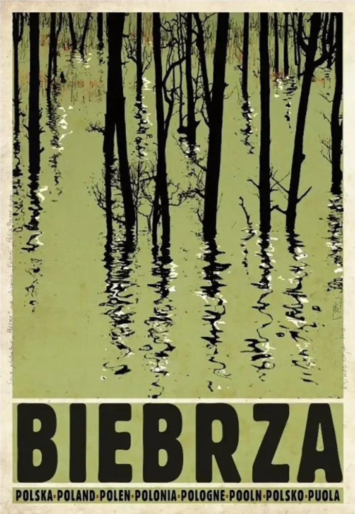 Vintage style canvas wall art by decorbites featuring poland city posters with black lettering and olive green tree silhouettes