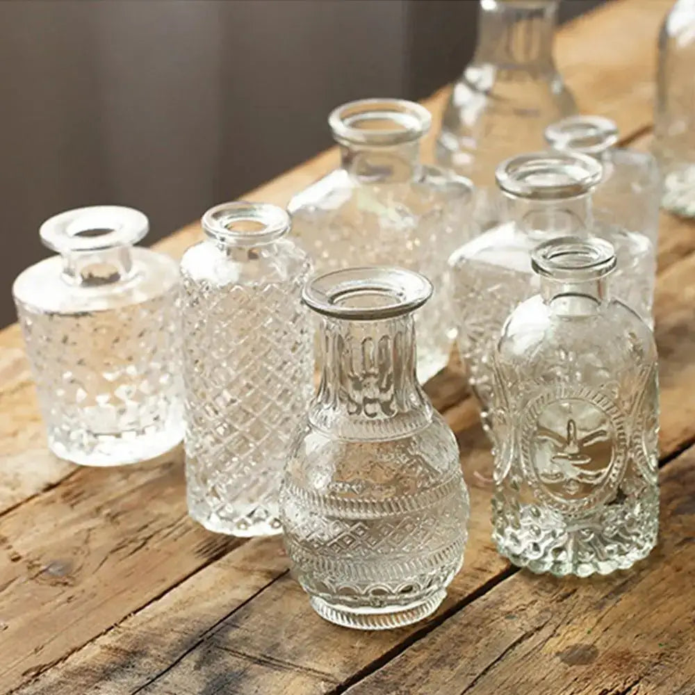 Clear glass vintage relief vases with intricate embossed patterns for hydroponic plants on rustic wood surface