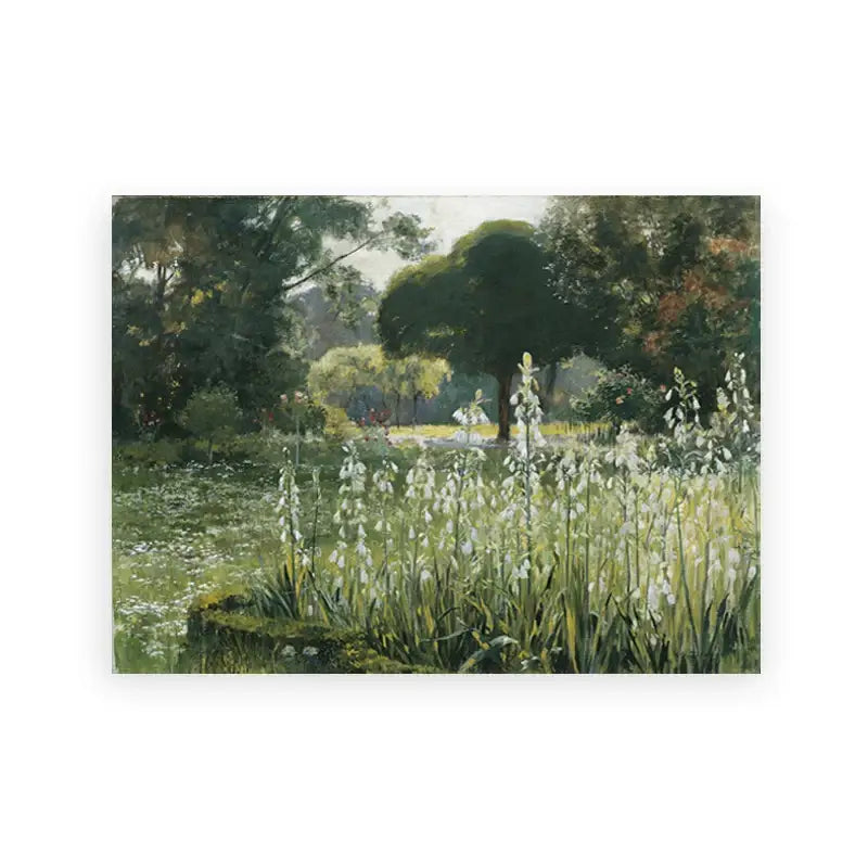 Decorbites™ vintage summer landscape canvas art print featuring a serene garden with tall white flowers and lush greenery