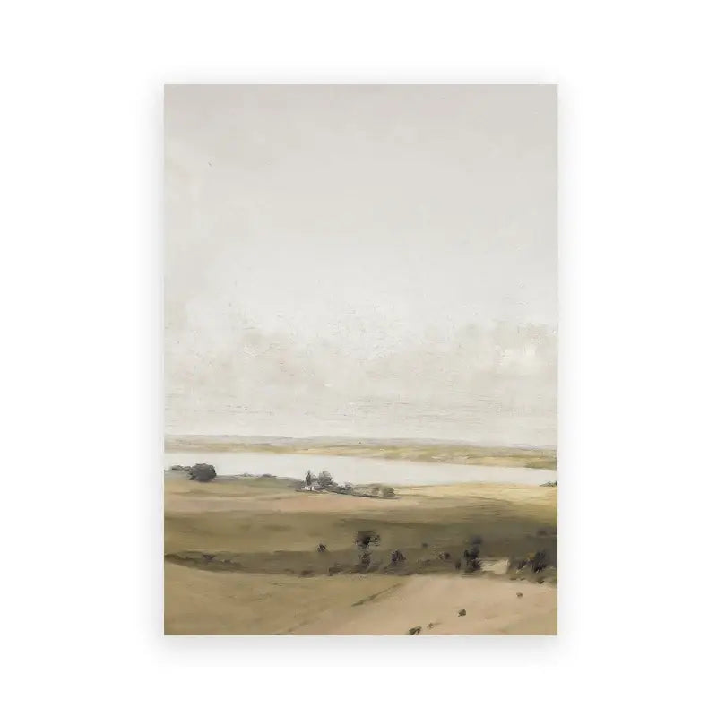 Beige-toned DecorBites™ vintage summer landscape oil painting canvas print with soft brushstrokes of river and fields